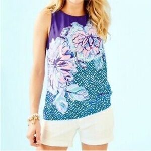 Lilly Pulitzer Iona Floral Sleeveless Top Mr Peacock Blue